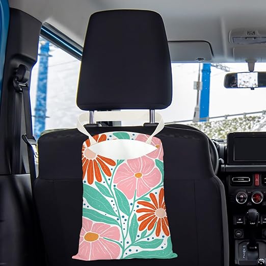 Boho Floral Car Trash Can, Car Trash Bag Hanging, Waterproof Cars Back Seat Hanging Organizer and Storage Trash Bags for Vehicle Travelling Camping