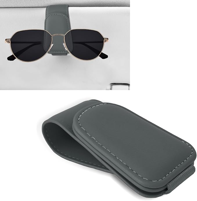 Sunglass Holder for Car, Car Sunglass Holder, Magnetic Leather Sunglasses Holder and Ticket Card Clip, Auto Multi-Functional Sun Visor Eyeglass Holders for SUV Pickup Truck (Grey)
