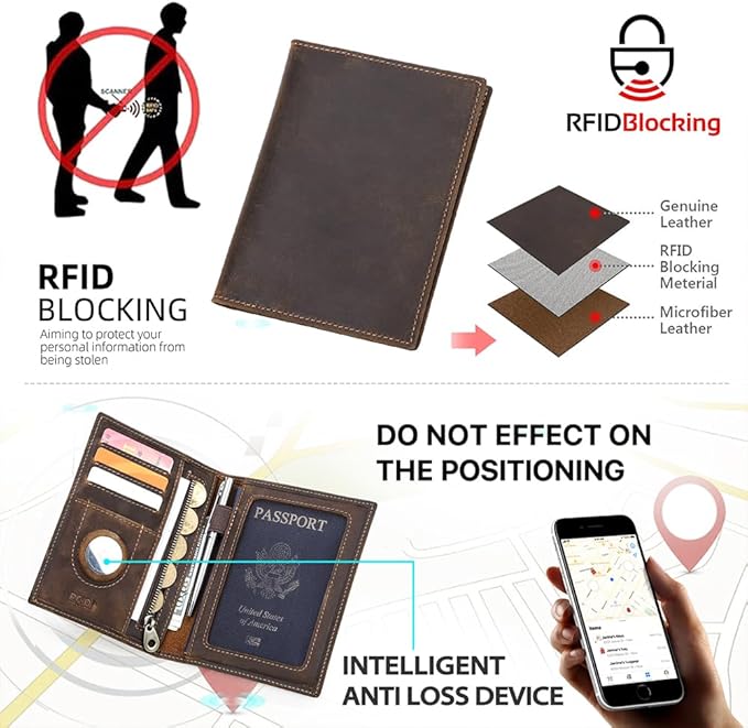CONTACTS Customized Passport Holder Leather RFID Blocking Passport Wallet Compatible with Airtag Personalized Gift Engrave Name