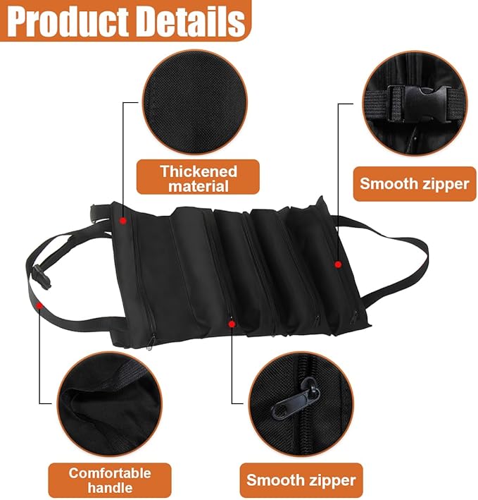 YoRise Car Seat Organizer, Oxford Cloth Roll Up Tool Bag With 5 Zipper Pockets, Hanging Back Seat Car Organizer, Portable Waterproof Vehicle Storage Accessories for Cars, Trucks, SUVs (Black)