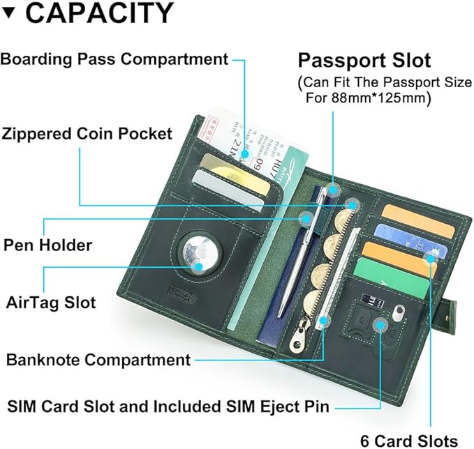CONTACTS Full Grain Leather Passport Holder Compatible with Airtag RFID Blocking Passport Wallet for Men Travel Passport Cover with SIM Card Removal Tool (Badge, Green)