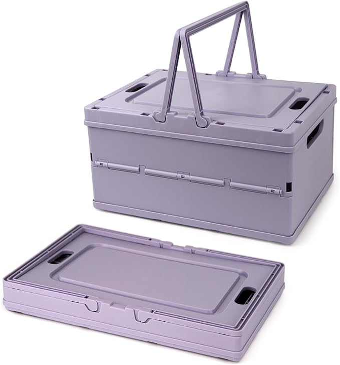 Collapsible Storage Crate, Foldable Plastic Basket with Lid and Handle, Foldable Storage Box Crate Bin for Home Kitchen Office Bathroom Bedroom Pantry (Purple, 2-Pack)
