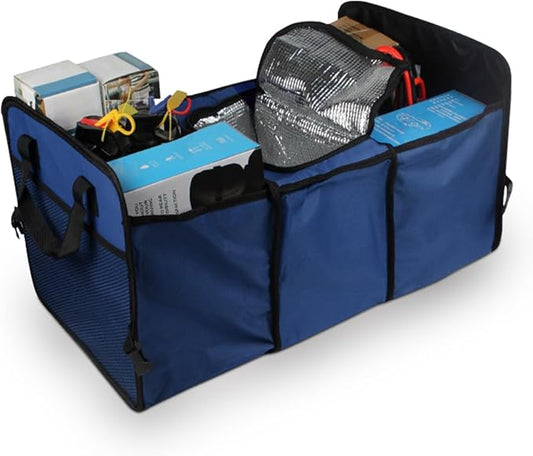 Car Trunk Organizer, Oxford Fabric Waterproof & Anti-Slip Vehicle Storage Box with Leak Proof & Insulated Cooler Bag, Large Capacity Foldable Auto Storage Box for Car, SUV, Truck (Blue)