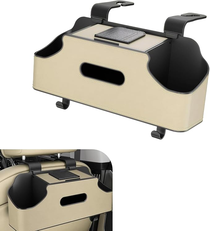 SLIMI 1 PC Car Backseat Organizer, 3 in 1 Multifunctional Double Cup Holder Tissue Box with 2 Hooks, Universal Car Seat Back Organizer, for Most Cars (Beige)
