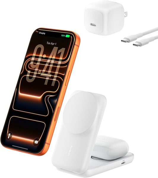 Belkin MagSafe Charger, Compatible 2-in-1 Charging Station, Qi2.2 25W Magnetic Wireless Charger iPhone, Foldable Stand, with 5W USB-C Port, for iPhone 17/16/15, Pixel 10, AirPods, 45W Adapter Included