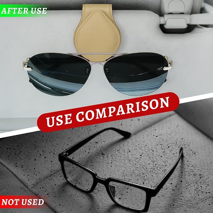 Sunglasses Holders for Car Visor, PU Leather Car Organizer, Magnetic Glasses Holder and Ticket Card Clip, Multi-Functional Auto Sun Visor Eyeglass Holder for Most Vehicles (Beige)