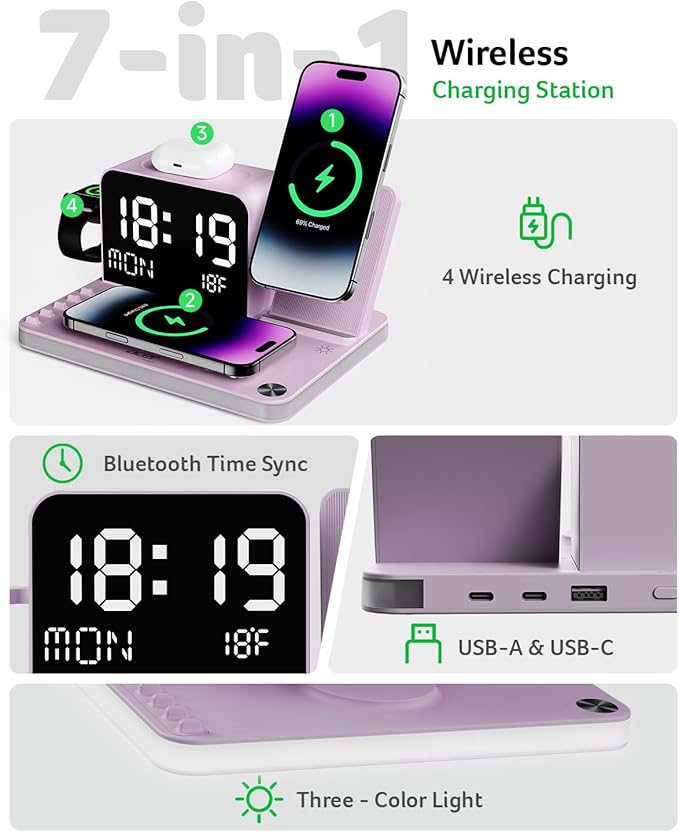Acer 7-in-1 Wireless Charging Station with LED Clock - 30W Fast Wireless Charger for iPhone 16/15/14/13/12/Pro Max, Apple Watch, AirPods - Bluetooth Auto Time Sync & Night Lights (Purple)