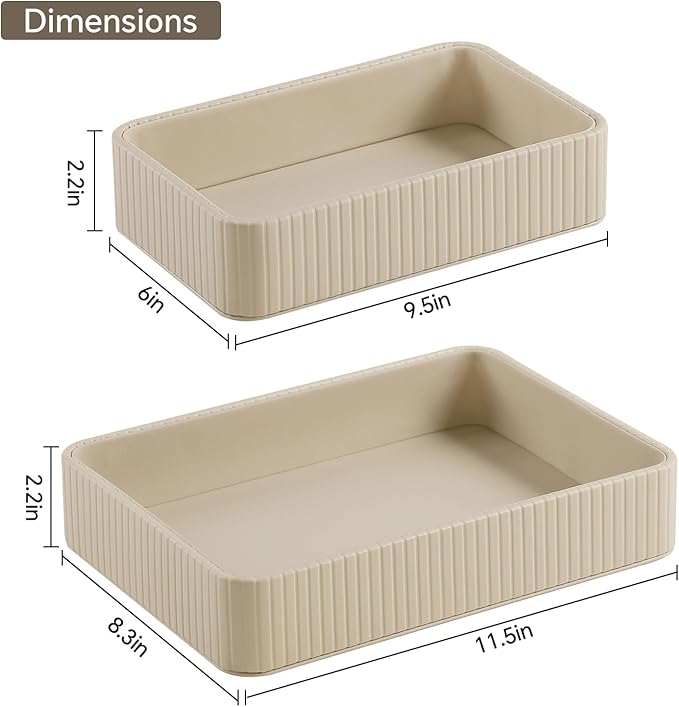 Desk Organizer Tray, PU Leather Nightstand Organizer Perfume Valet Tray for Men Women, Decorative Vanity Trays Trinket Dish Key Bowl for Entryway Table (2pcs, Beige, Large+Small)