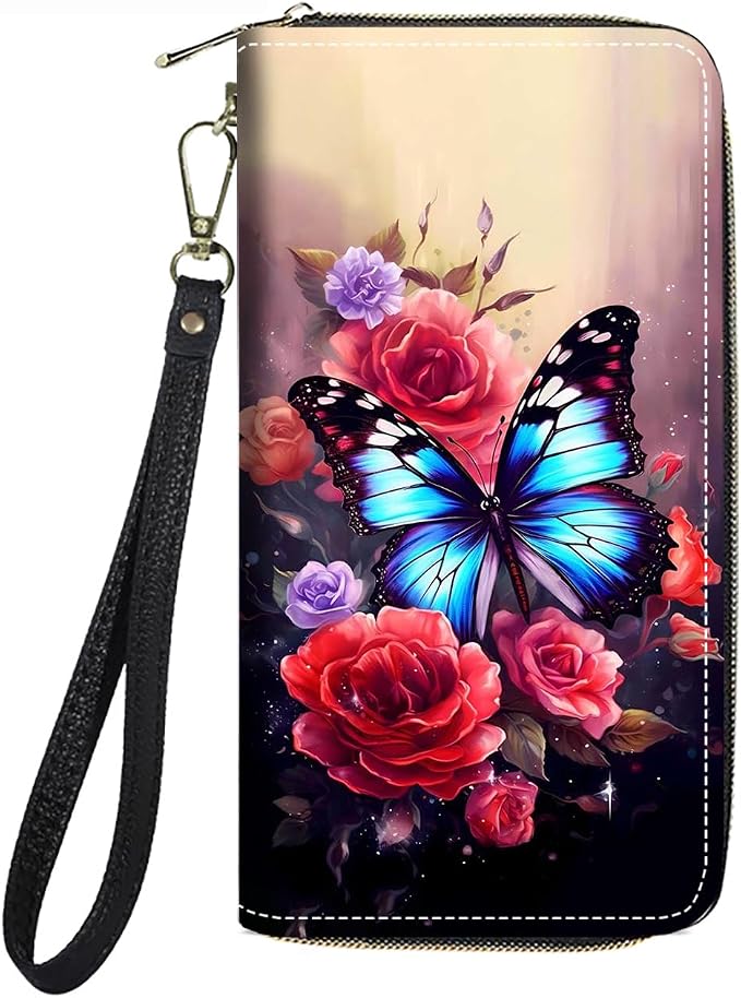 Women's Large Capacity Wallet PU Leather Zip Around Clutch Purse Multifunctional Wallet with Removable Wristlet Strap for Smart Phone/Coin/Card/Cash, Flower Butterfly
