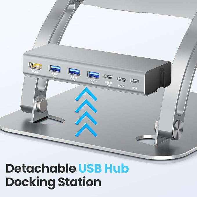 tounee Laptop Stand with Detachable USB-C Hub, 100W PD Charging, 4K@60Hz HDMI, 3 USB Ports, Ergonomic Laptop Holder Docking Station for 10-17" Laptops, MacBook & More - Silver