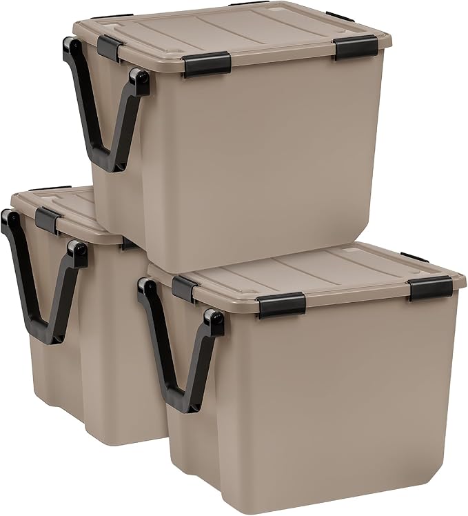 IRIS USA 3-Pack WeatherPro Gasket Box, 106 Quart Weather Resistant Storage Bins with Latching Lids, Heavy Duty Organizing Containers for Closet, Bathroom, and Office - Tan