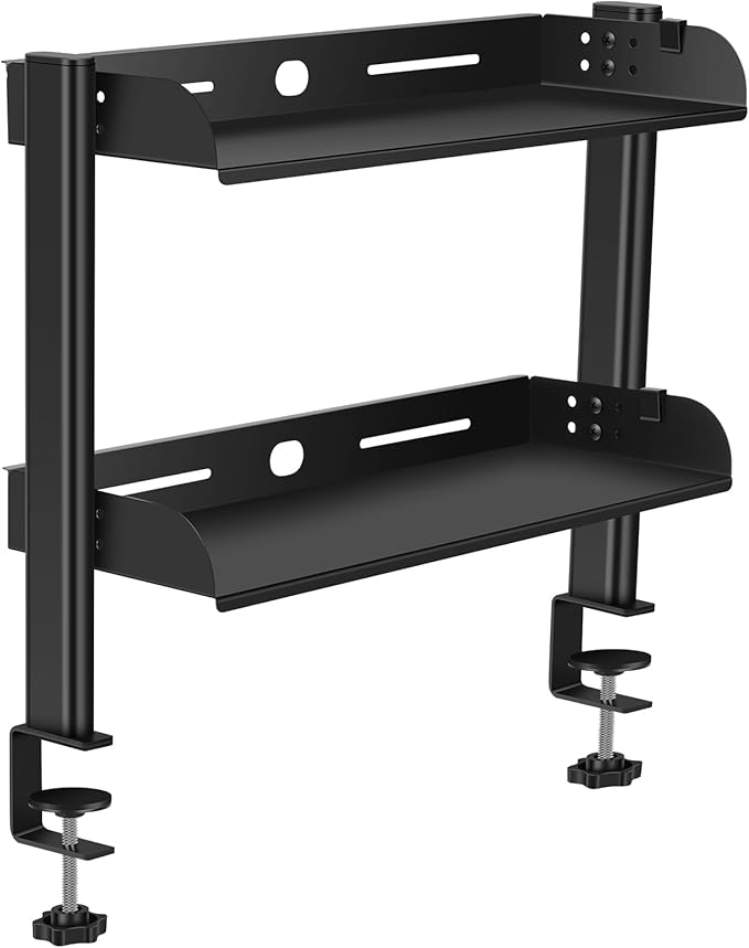 Clamp on Desk Shelf Organizer, 2-Tier Clamp on Desk Shelf, 17.32" Space Saving Table Mount Storage Rack with Cable Holes and Adjustable Trays for Home Office Accessories