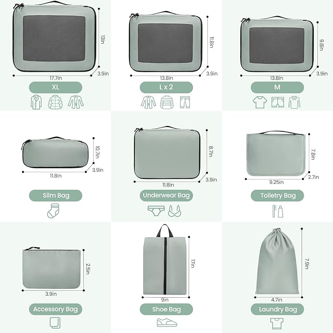 Mesh Packing Cubes for Travel, Durable Luggage Organizer with Sturdy Material and Double Zippers, Comprehensive Set for Travel Accessories Storage, 10 set, mint