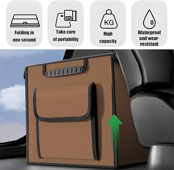 Car Trunk Organizer, Multi-Compartment Collapsible Vehicle Cargo Storage Organizer with Lid, Non Slip Waterproof Storage Box with Reinforced Handles, Universal Automotive Accessories (Coffee)
