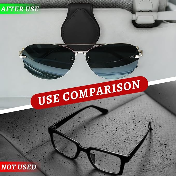 Sunglasses Holders for Car Visor, PU Leather Car Organizer, Magnetic Glasses Holder and Ticket Card Clip, Multi-Functional Auto Sun Visor Eyeglass Holder for Most Vehicles (Black)