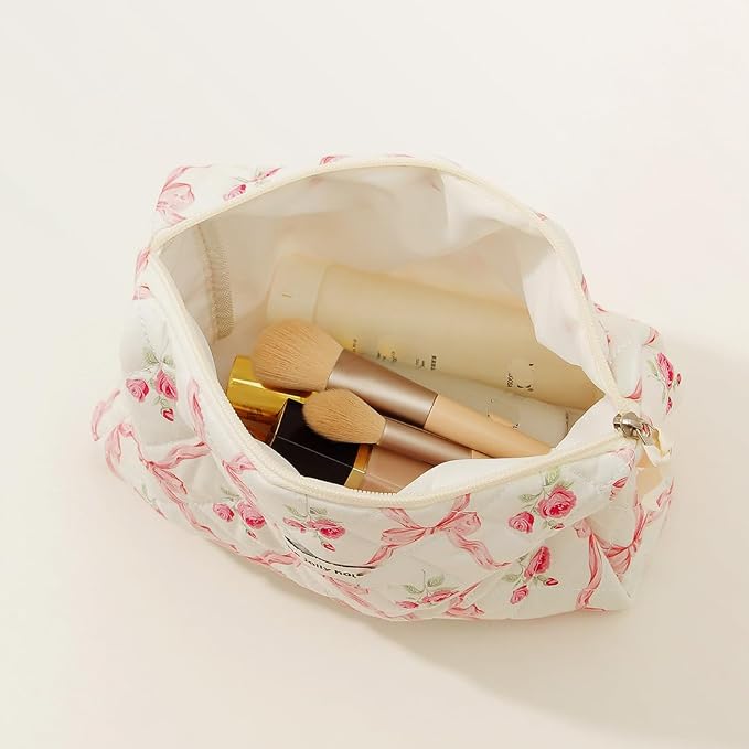 FITINI Makeup Bag Travel Large Quilted Toiletry Bag 3 Pack Portable Cosmetic Organizer Pouch with Small Brush Storage Case Zipper Waterproof for Women,Pink