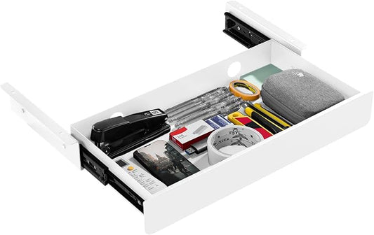 KHAMAL Under Desk Drawer Slide Out Large - Under Table Drawer 17.32" x 9.25", Pull-Out Storage Organizer With Cable Management For Home & Office (White)
