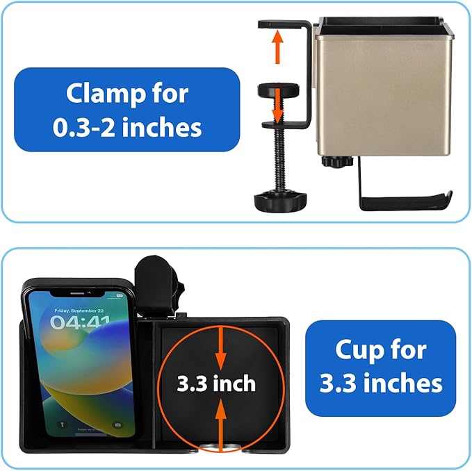 Rosyline 3-in-1 Desk Cup Holder & Clip-on Cup Holder, Clip on Desk Organizer – with Anti-Spill Function, Keeps Your Coffee, Headset, Phone & Pens Within Easy Reach, for Office Desk (Champagne)