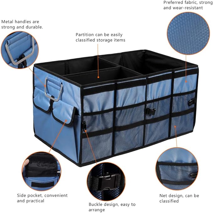Car Trunk Organizer Collapsible Portable Multi Compartments Organizer with Non Slip Straps for SUV Truck Auto Vehicle Car Auto Minivan(Large without cover, Blue)