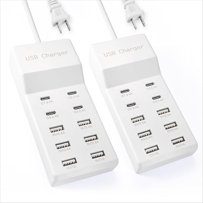 USB Charging Station with 6 USB-A & 4 USB-C Ports, 50W 10A USB Charger Block for Multiple Devices -USB Power Strip with Auto-Detect Technology (2 PCS)