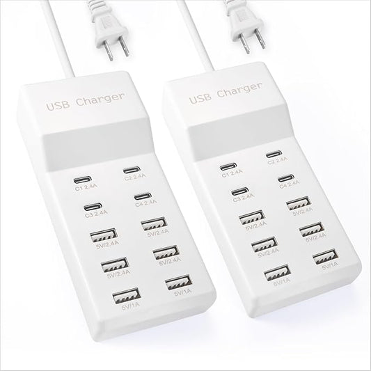 USB Charging Station with 6 USB-A & 4 USB-C Ports, 50W 10A USB Charger Block for Multiple Devices -USB Power Strip with Auto-Detect Technology (2 PCS)