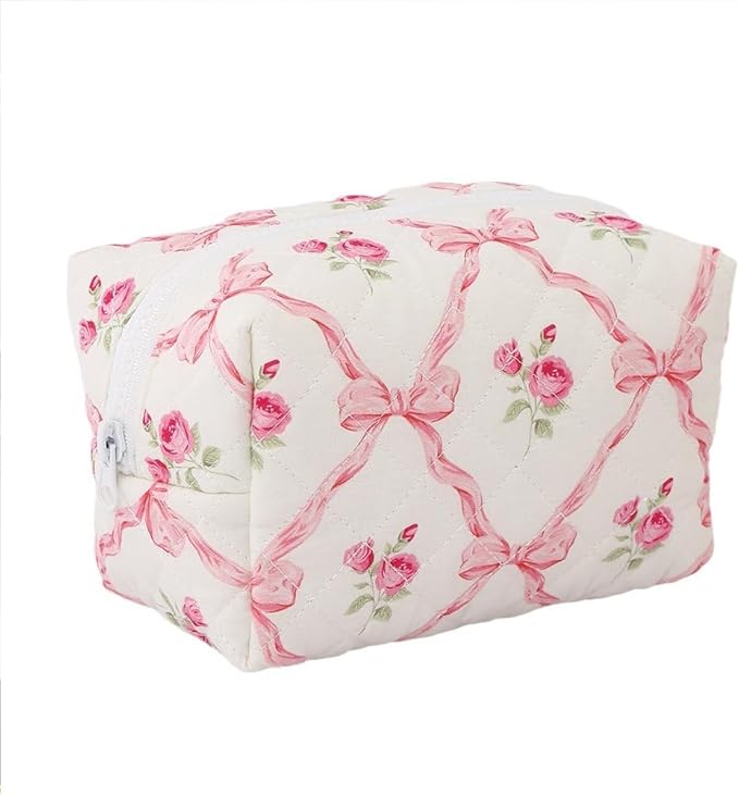 FITINI Makeup Bag Travel Large Portable Quilted Floral Print Cosmetic Organizer Cute Pouch for Women Soft Cotton Zipper Waterproof Toiletry Storage Bags