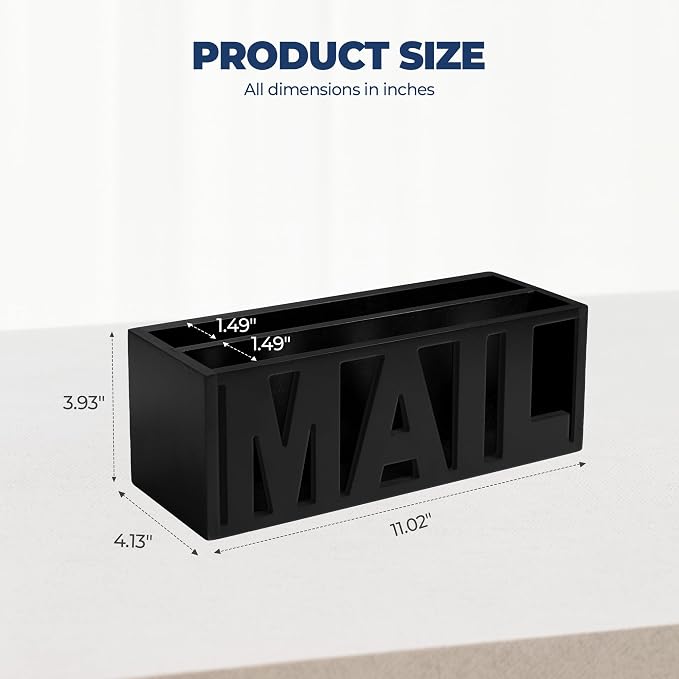 Mail Organizer Countertop – Black Holder for Desk or Wall, Decorative Desktop Sorter, Envelope Tray & Bill Storage with Compact Size for Home Office Organization Accessories (11x4x4 in)