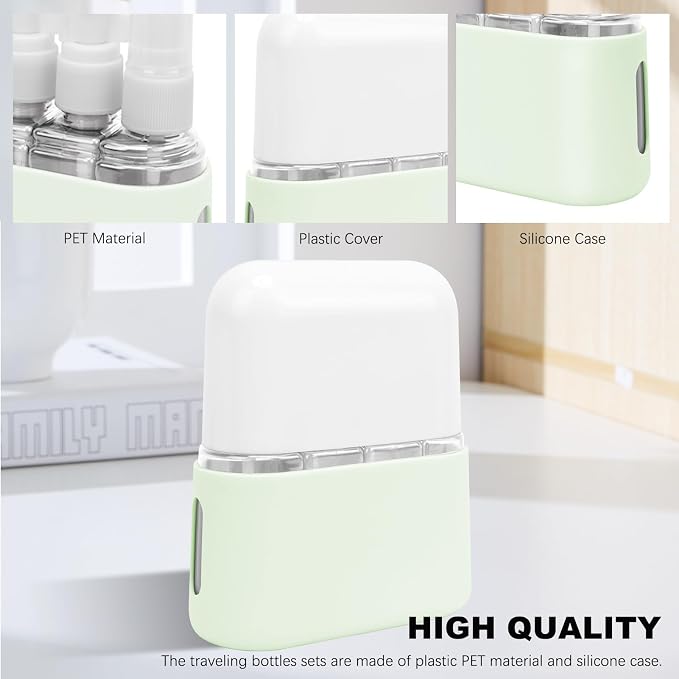 Skycase Travel Bottles - Leak Proof Refillable Tsa Approved Travel Size Toiletries, 4 in 1 Liquid Bottles Containers with Labels and Funnel Airplane Accessories Kits for Lotion Liquid (Green)