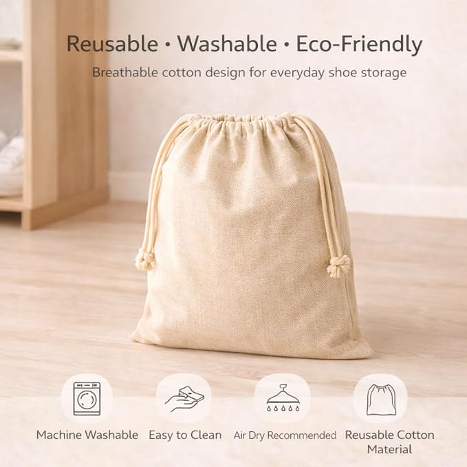 Cotton Shoe Bags with Drawstring | Dustproof, Washable Travel Shoe Pouch | Natural Canvas Organizer for Men & Women | Fits Sneakers, Sandals, Slippers | 14” x 17” (Pack of 3)
