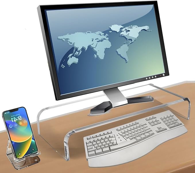 Acrylic Monitor Stand Riser Crystal Clear Monitor Riser, 21 inch large Anti Cat keyboard cover keyboard cat protector, Computer Stand Riser with Keyboard Storage and Laptop Desk Stand