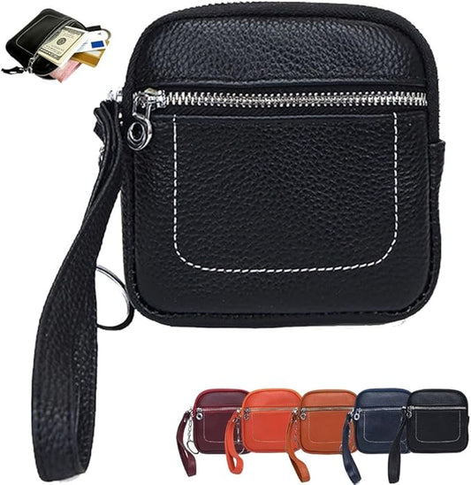Square Leather Mini Card Wallet Coin Purse Portable Unisex Small Case Organizer Zipper Lock Design Fashion Money Bag