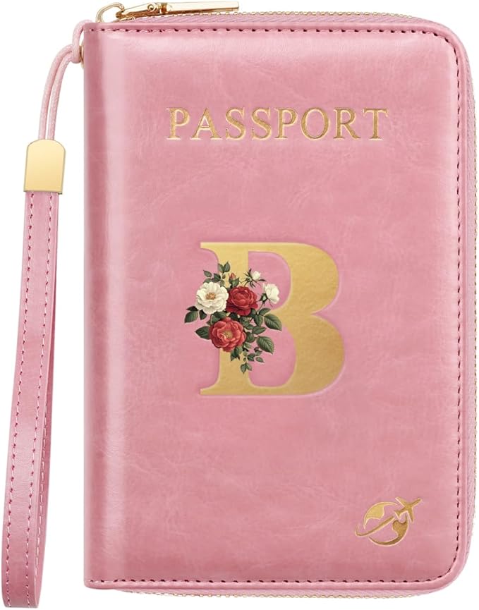 Passport Holder for Travel Personalized Passport Holder Initial Letter Rose Flower RFID Blocking Travel Wallets Credit Cards Holder for Women Men, Pink B