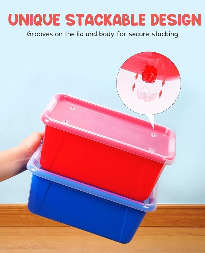 GAMENOTE 6 Quart Storage Bins with Lids,12 Pack Rainbow Plastic Latching Box for Classroom&Kids Toy Storage Opaque Stackable Shoe Box Size Containers for STEM Morning Tubs, Crafts & Building Blocks
