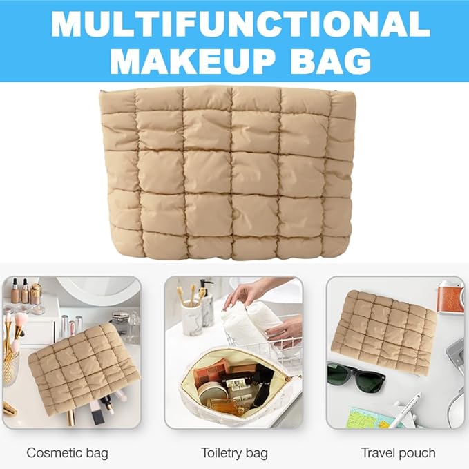 FITINI Makeup Bag Travel Large Portable Quilted Floral Print Cosmetic Organizer Cute Pouch for Women Soft Cotton Zipper Waterproof Toiletry Storage Bags