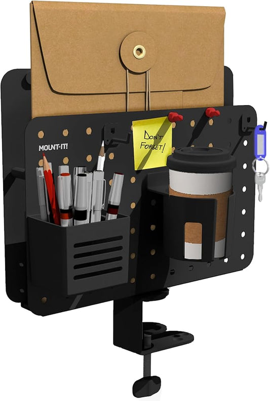 Mount-It! Desk Mounted Pegboard Organizer with 360° Rotation | Includes Cup Holder, Pen Holder, Hooks & Magnets | Clamp-on Desk Storage for Home Office, Workshop, Crafting Station (Black)