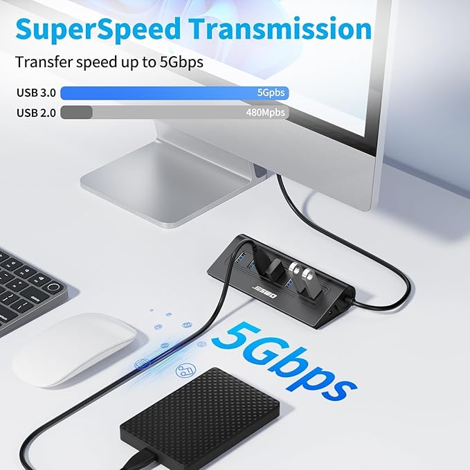 USB Hub 3.0, JESWO Aluminum 7 Port USB 3.0 Hub with 3.3Ft Cable, USB Splitter with 7-USB3.0 Data Ports Compatible with MacBook, Laptop,Surface Pro, PS5, PC and More (No Power Adapter Included)