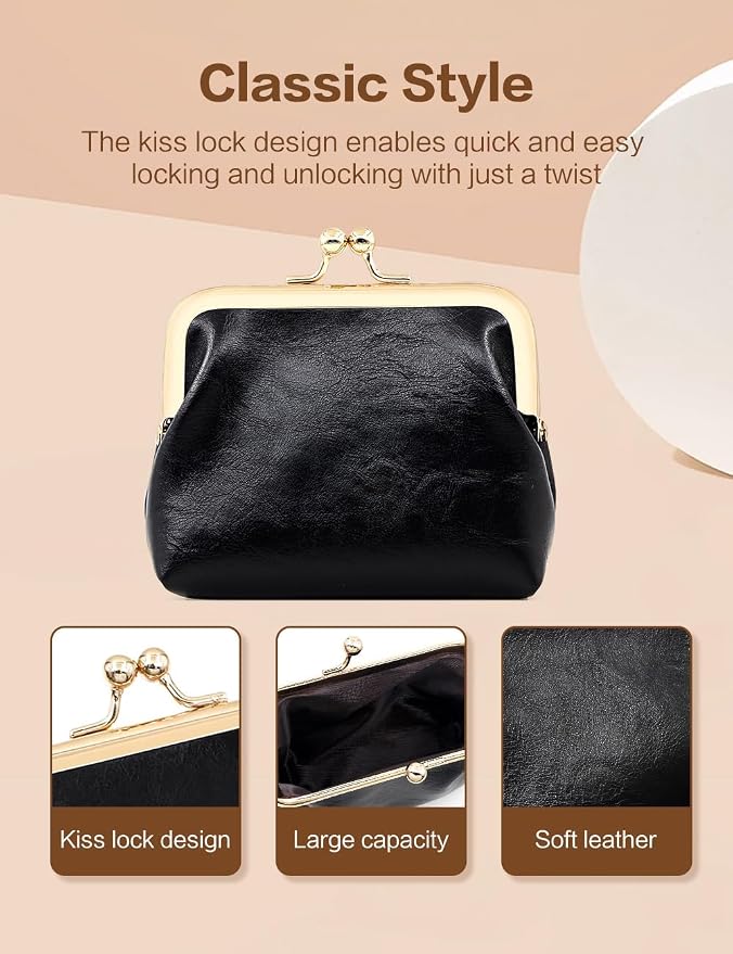 Women’s Small Coin Purse, Vintage PU Leather Change Purse, Rectangle Kiss Lock Coin Pouch, Pocket-Sized, Solid Color, Mini Coin Purse for Women - Brown