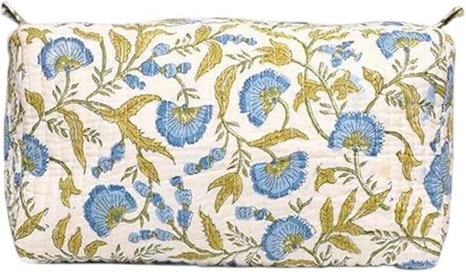 Cotton Hand Block Floral Print Toiletry Bag For Women Make Up Cosmetic Bag Jewelry Organizer Kit Storage Bag Case Travel Accessories Essential Toiletries Purse Open Pouch (White 2, Set of 1)