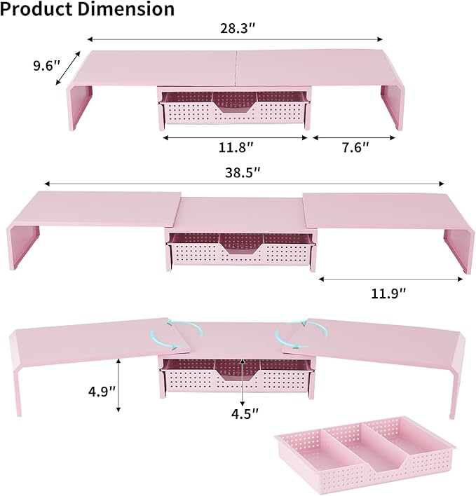 Dual Monitor Stand Riser with Drawer, Desk Organizer and Accessories, Pink Monitor Stand for Desk, Desktop Stand for Computer, Laptop, TV and More (Pink)