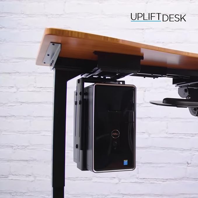 UPLIFTDESK Under Desk PC Mount with Track Spacer ??Adjustable CPU Holder with 16" Slide-Out Track & 360° Swivel, 50 lb Capacity PC Holder, Fits Most Desktop Towers, Standing Desks with Crossbars