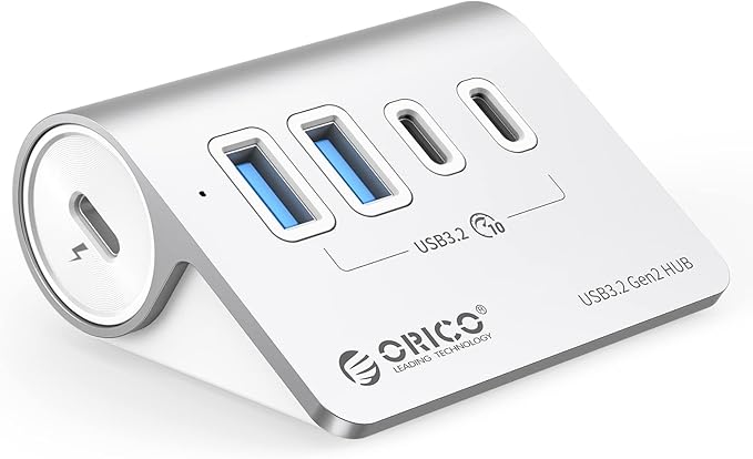ORICO 4-Port USB 3.2 Gen2 Hub, Desktop USB 3.2 Hub with 2 USB-A, 2 USB-C, 5V 3A Power Supply Port, 10Gbps Aluminium USB-Splitter with 1.64Ft USB-C to USB-A/C Cable for iMac, MacBooks, Mac mini