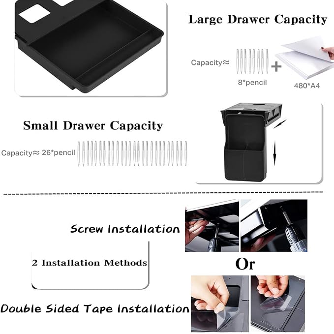 Under Desk Drawer Storage Organizer - 2 Pack (Large and Small) Black - (Please Note - Drawer Size/No Lip Under Desktop) - 2 Installation Methods (Screw or Adhesive)