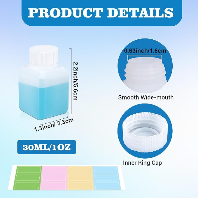 DEMORA 1oz Small Square Plastic Travel Bottles, Reusable Leak Proof Liquid Containers with Caps and Stickers for Pill, Water, Juice（Translucent, 12 Pcs）