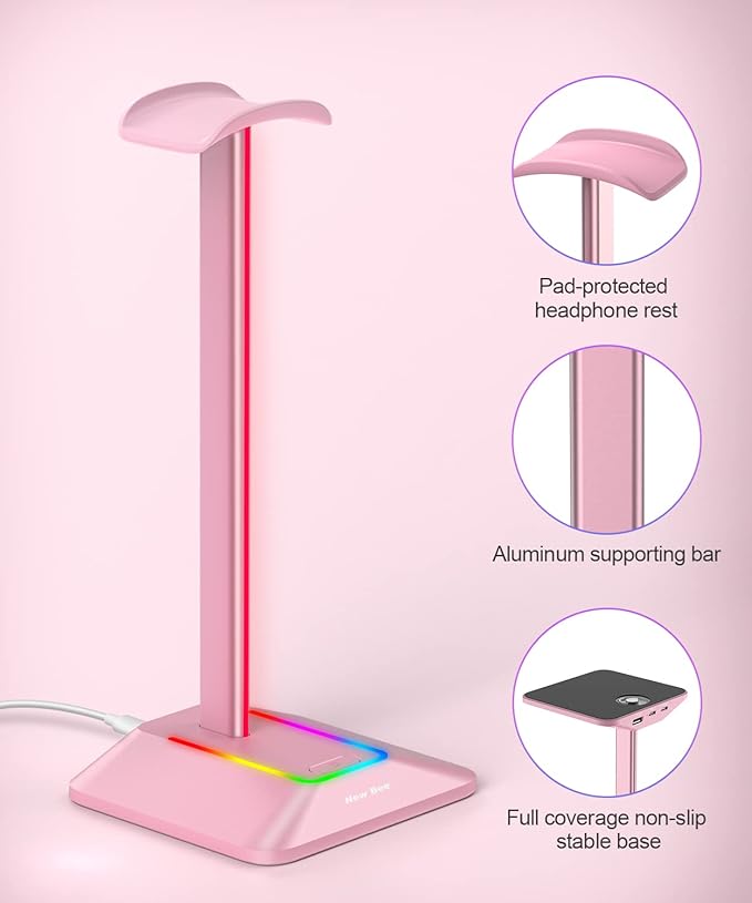 New Bee RGB Headphone Stand with 1 USB-C Charging Port and 1 USB Charging Port, Desk Headset Stand with 7 Light Modes and Non-Slip Rubber Base Suitable for All Earphone Accessories (Pink)