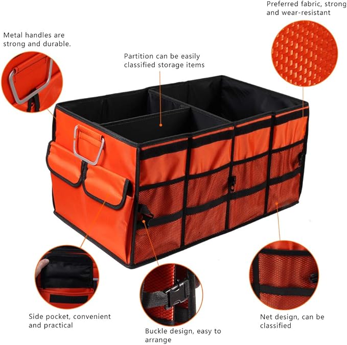Car Trunk Organizer Collapsible Portable Multi Compartments Organizer with Non Slip Straps for SUV Truck Auto Vehicle Car Auto Minivan (Large without cover, Orange)