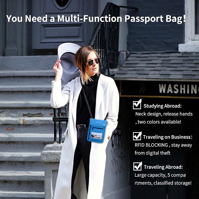 Passport Holder for Travel, RFID Passport Wallet with Visual Window Design, Multifunctional Document Organizer, Waterproof Travel Pouch Neck Wallet for Men and Women, Blue