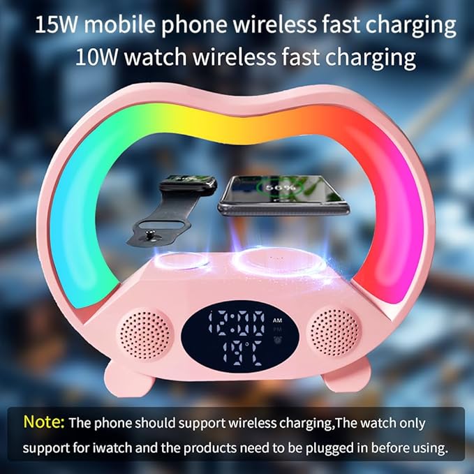 IHAO 6in1 Wireless Charging Station with Bluetooth Speaker Time&Temperature Display Alarm Clock 7-Color LED Night Lights Fast Charger for Phone, Apple Watch, Earbuds Remote Control Auto Shutoff-Pink