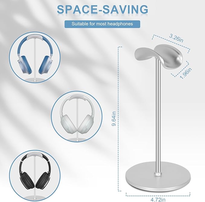 T-fun Headphone Stand, Curved Headset Stand with Aluminum Rod ABS Solid Base Gaming Headset Holder for Desk Headphone Accessories for Organization and Display, Silver