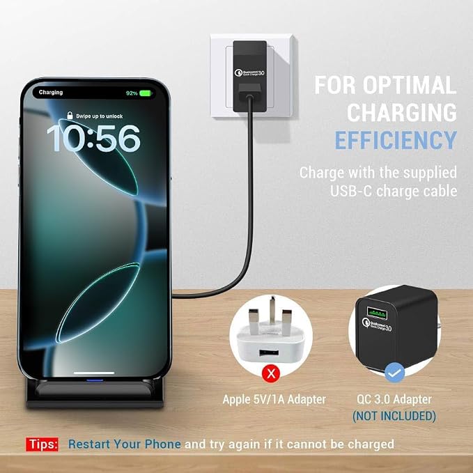 20W Fast Wireless Charger,Wireless Charging Stand Compatible with iPhone 17,17 Pro,16,15,14,13,12,11 Series/X,Phone Charger for Galaxy S25/S24/S23/Note,Pixel/LG (No Plug)
