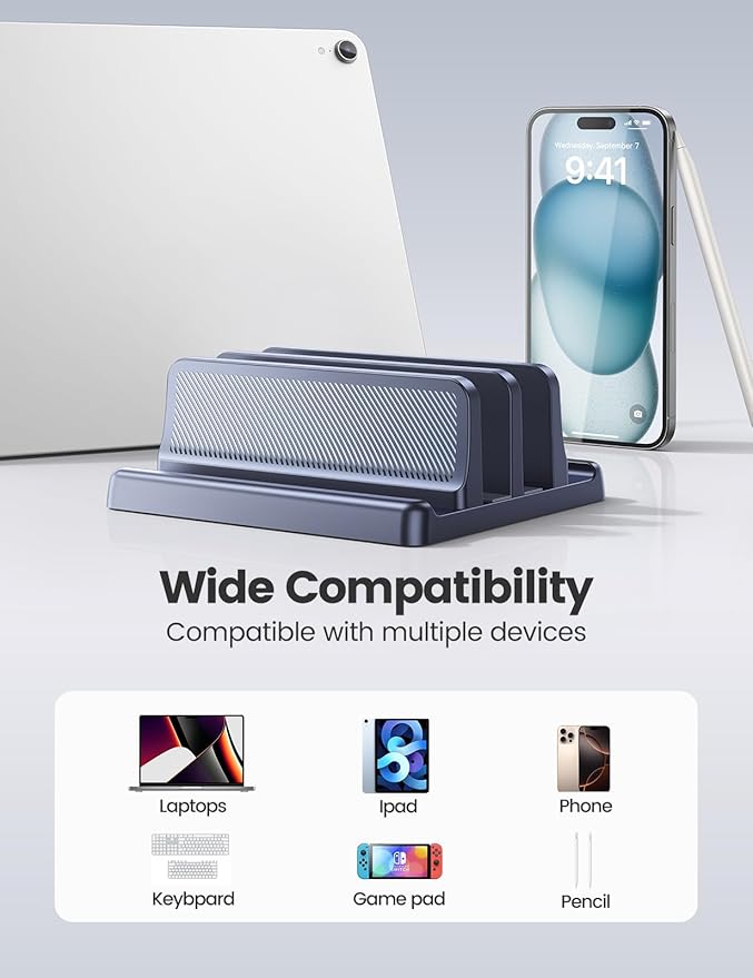 4 in 1 Vertical Laptop Stand Holder,Adjustable ABS Plastic Desktop Management Notebook Dock,Vertical Laptop Stand Space-Saving for All MacBook/Surface/Samsung/HP/Dell/Chrome Book(Black)